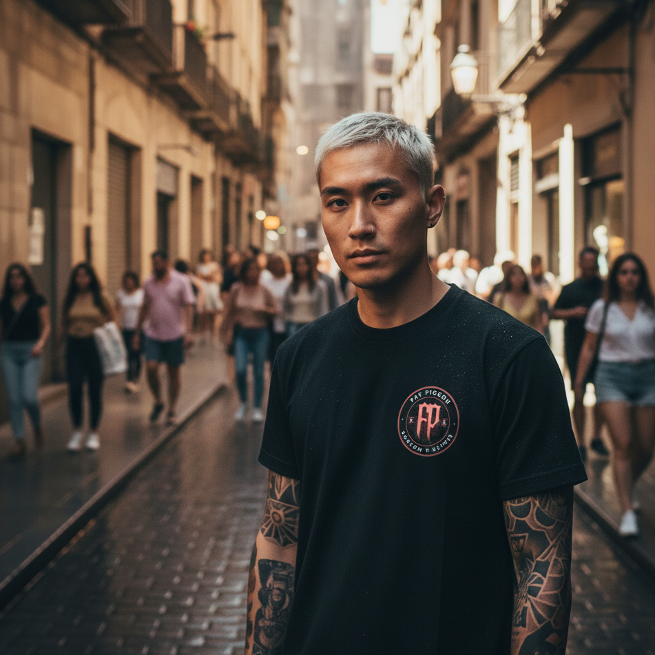 IRON MARK graphic t-shirt by Fat Pigeon BCN featuring industrial-inspired circular badge logo
