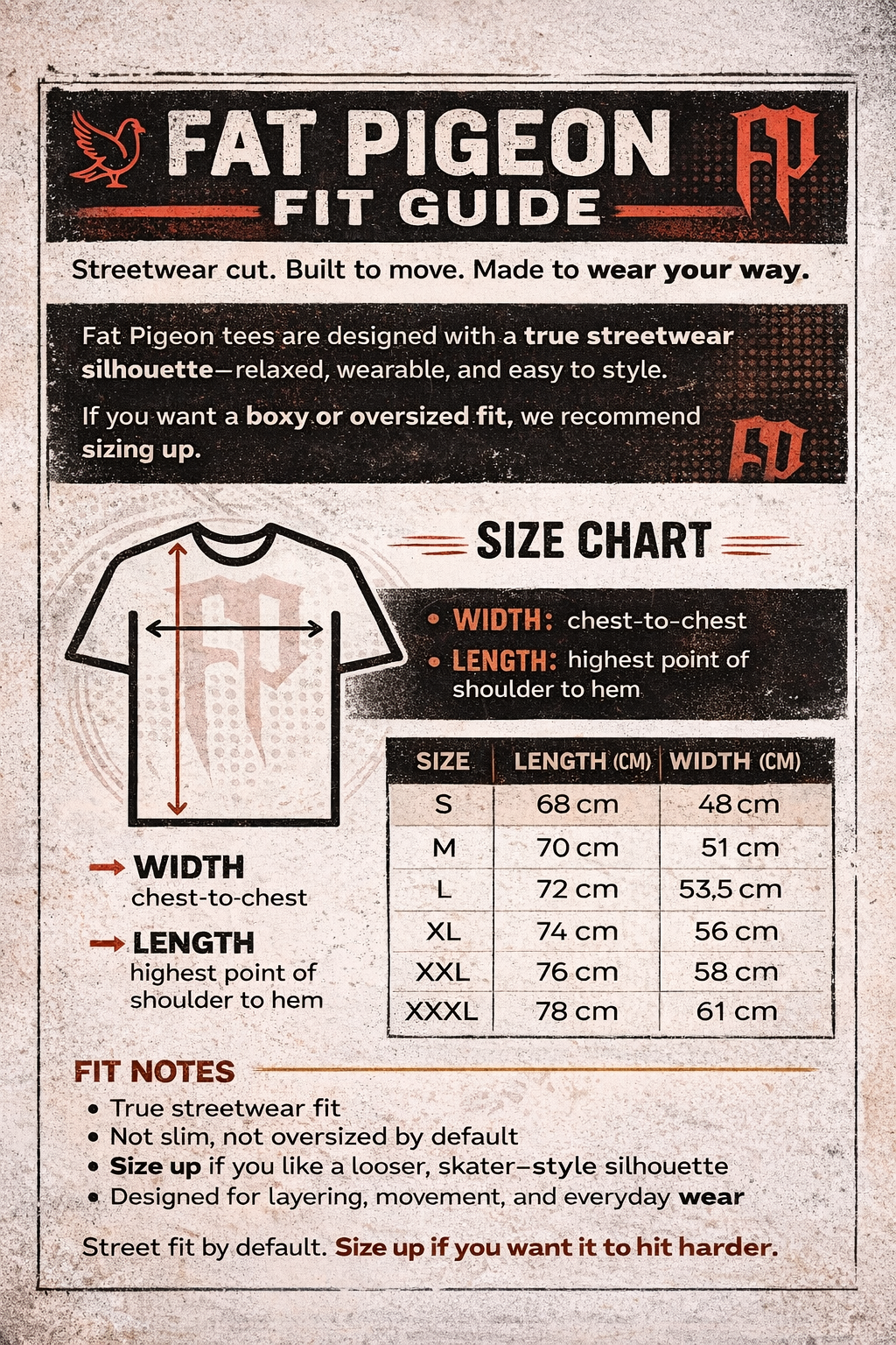 Fat Pigeon streetwear T-shirt size chart showing length and width measurements in centimeters, with a relaxed skater fit guide and sizing table from S to XXXL