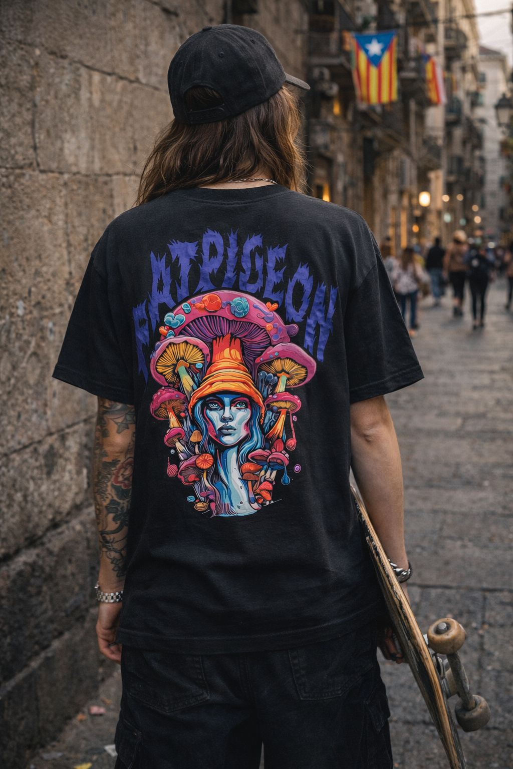 Trippy Psychedelic graphic streetwear tee styled in Barcelona skate outfit