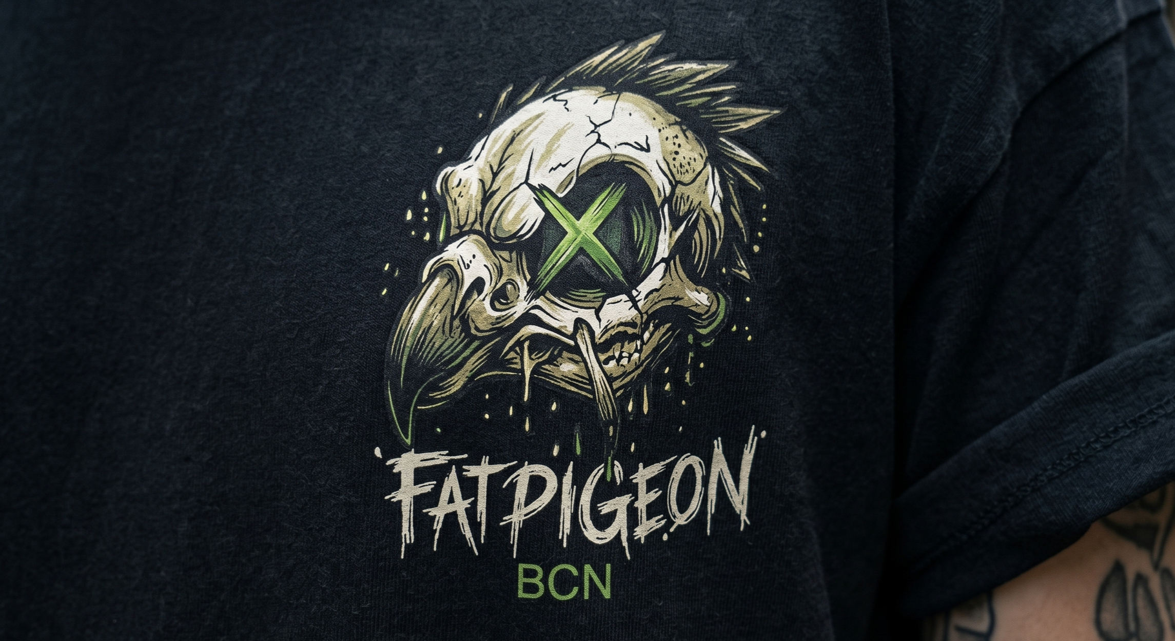 Black oversized graphic t-shirt with left chest pigeon skull logo, neon green eye detail, Fat Pigeon BCN branding, Barcelona streetwear fashion, premium urban skater tee for men and women.