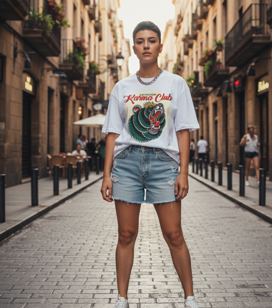 Karma Club graphic t-shirt by Fat Pigeon BCN streetwear brand