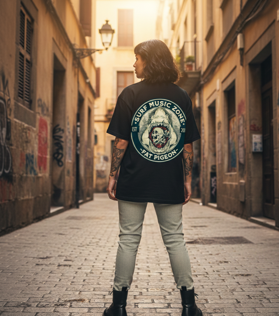 A person with shoulder-length hair standing in an alleyway with graffiti, wearing a black T-shirt with a graphic on the back that says 'Surf Music Zone' and features a shark illustration, light-colored pants, and black boots.