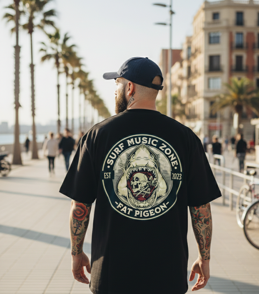 Surf Reaper skull graphic streetwear tee designed in Barcelona by Fat Pigeon BCN