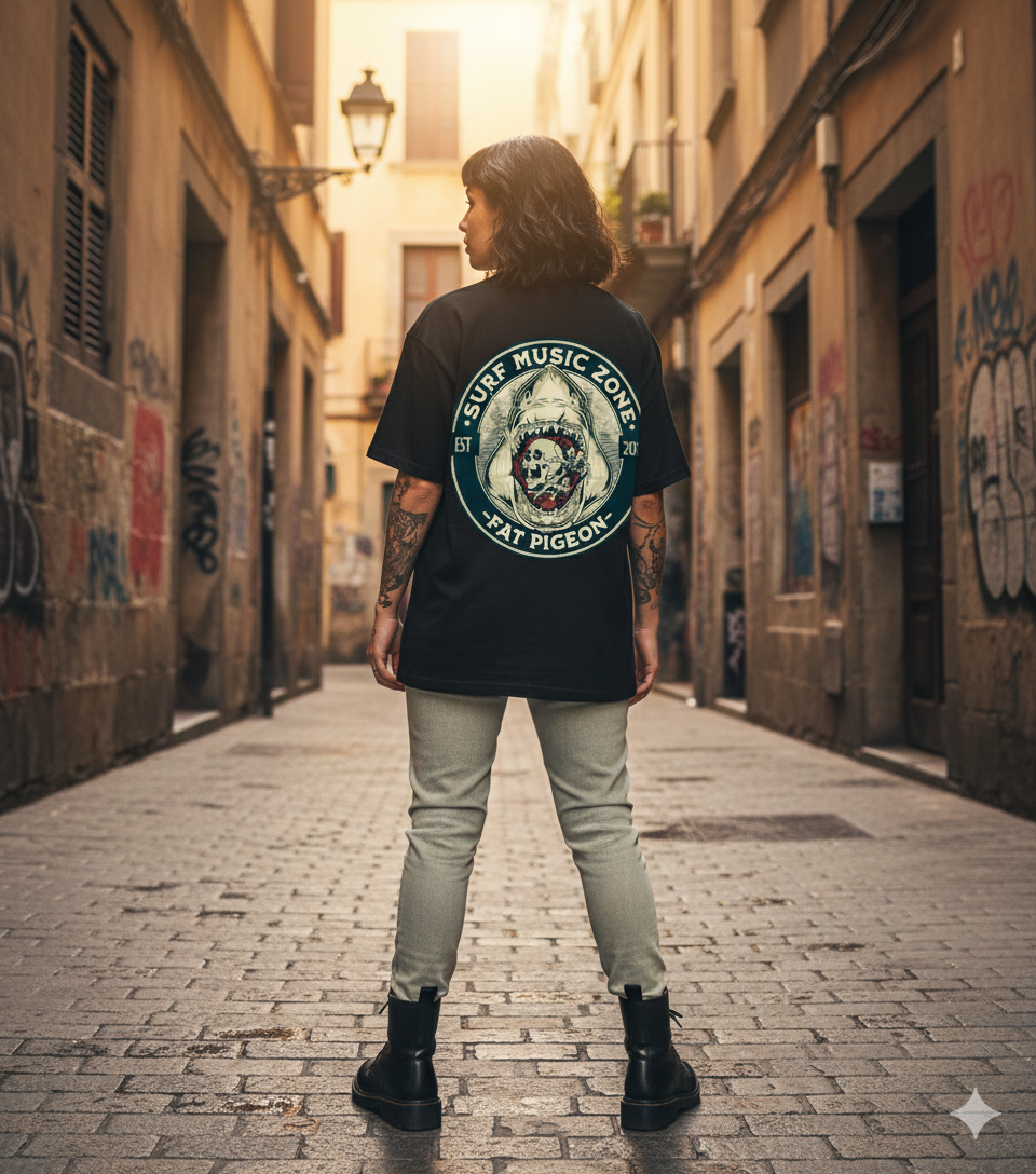 Surf Reaper graphic t-shirt by Fat Pigeon BCN with surf-inspired illustration