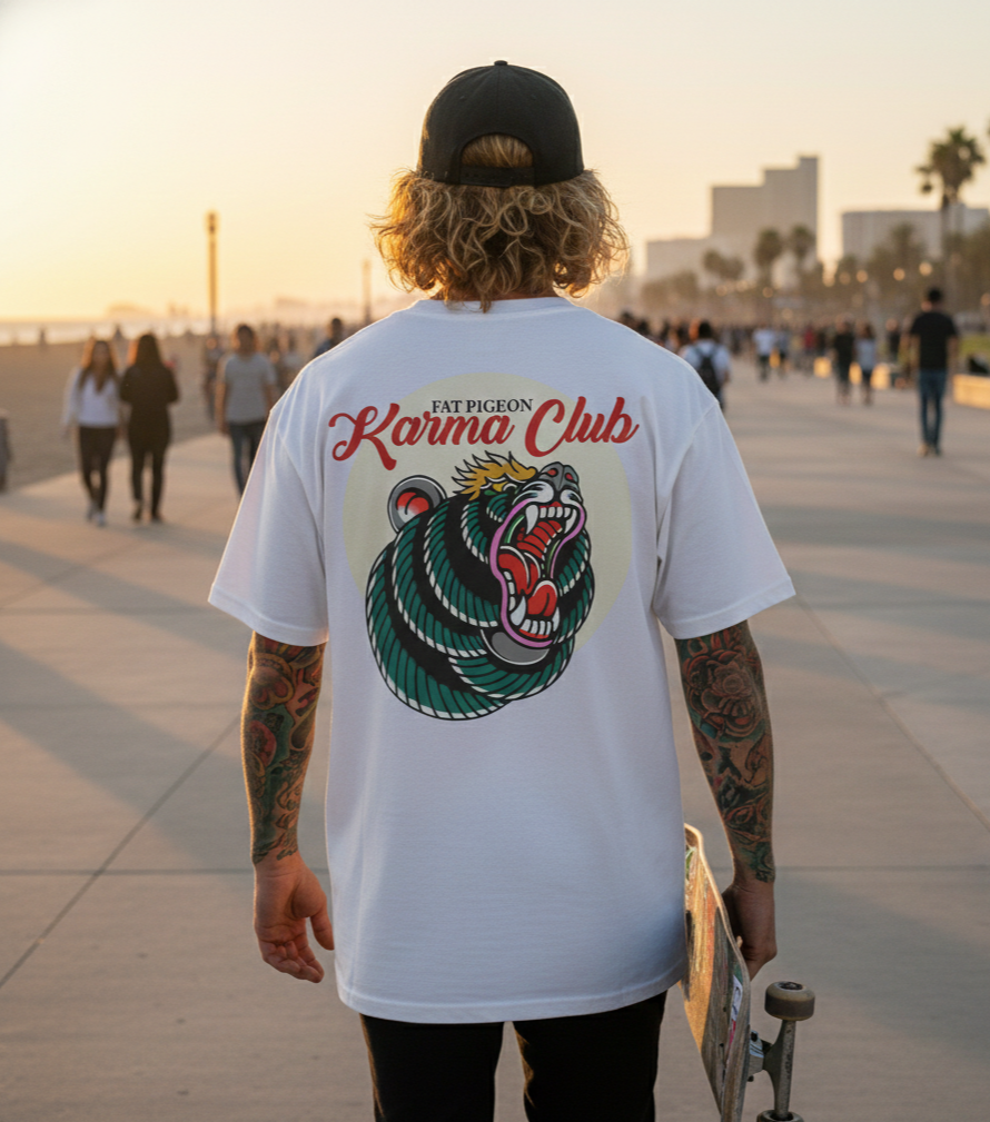 Karma Club positive vibe graphic streetwear t shirt by Fat Pigeon BCN