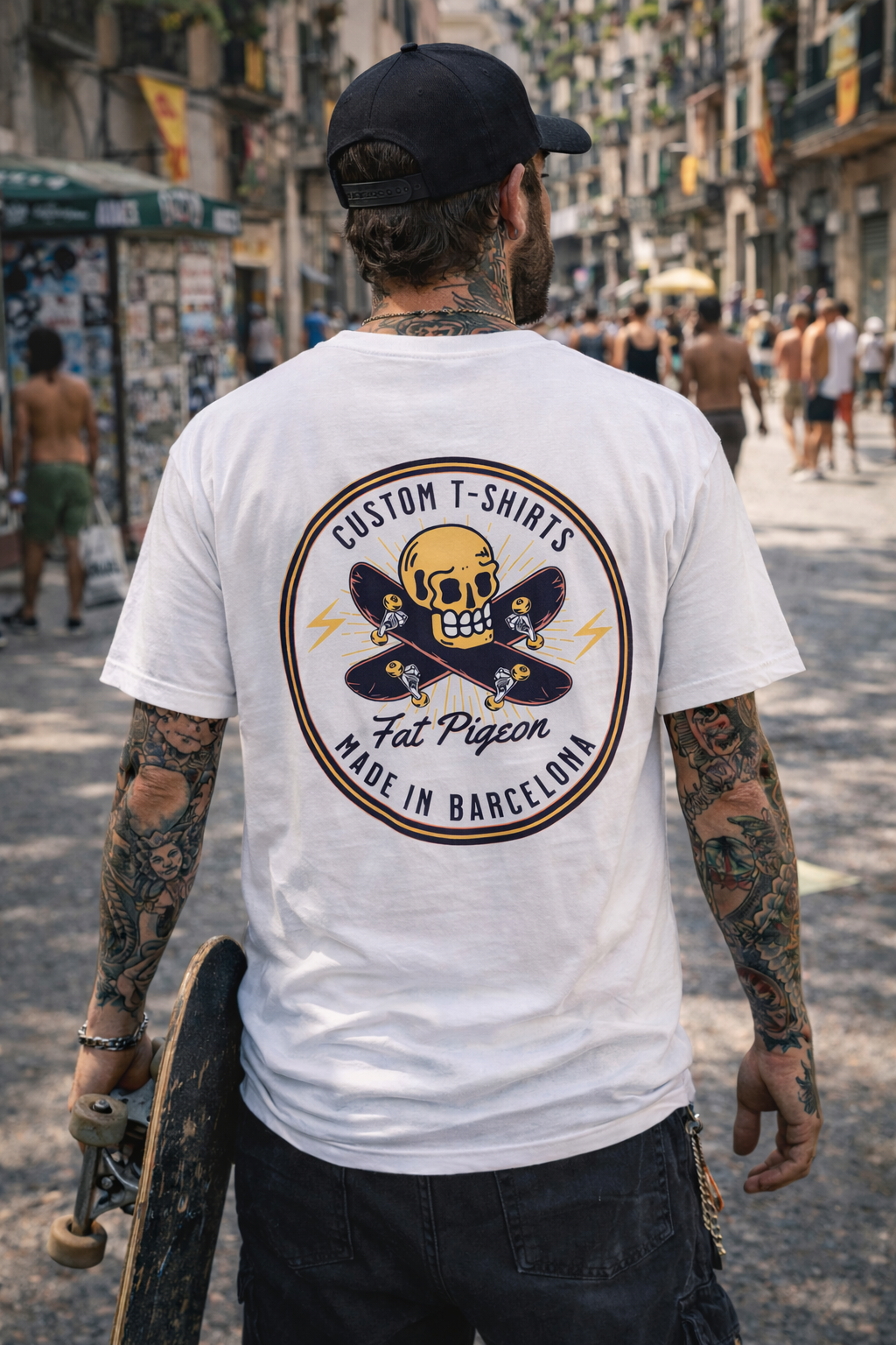 White streetwear t shirt with skull and skateboard graphic by Fat Pigeon BCN