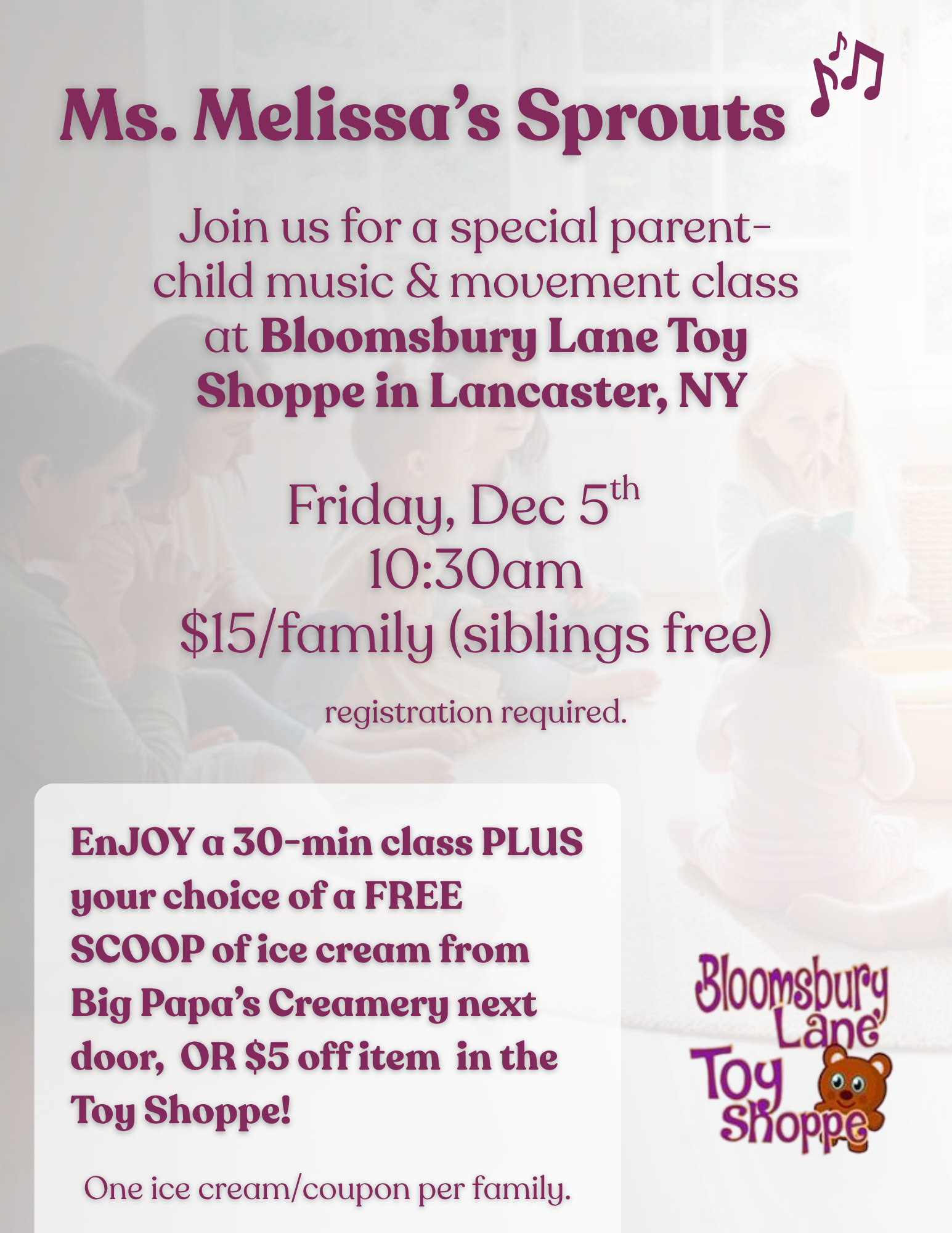 Poster advertising a parent-child music and movement class at Bloomsbury Lane Toy Shop in Lancaster, NY, with event details and a promotional offer.
