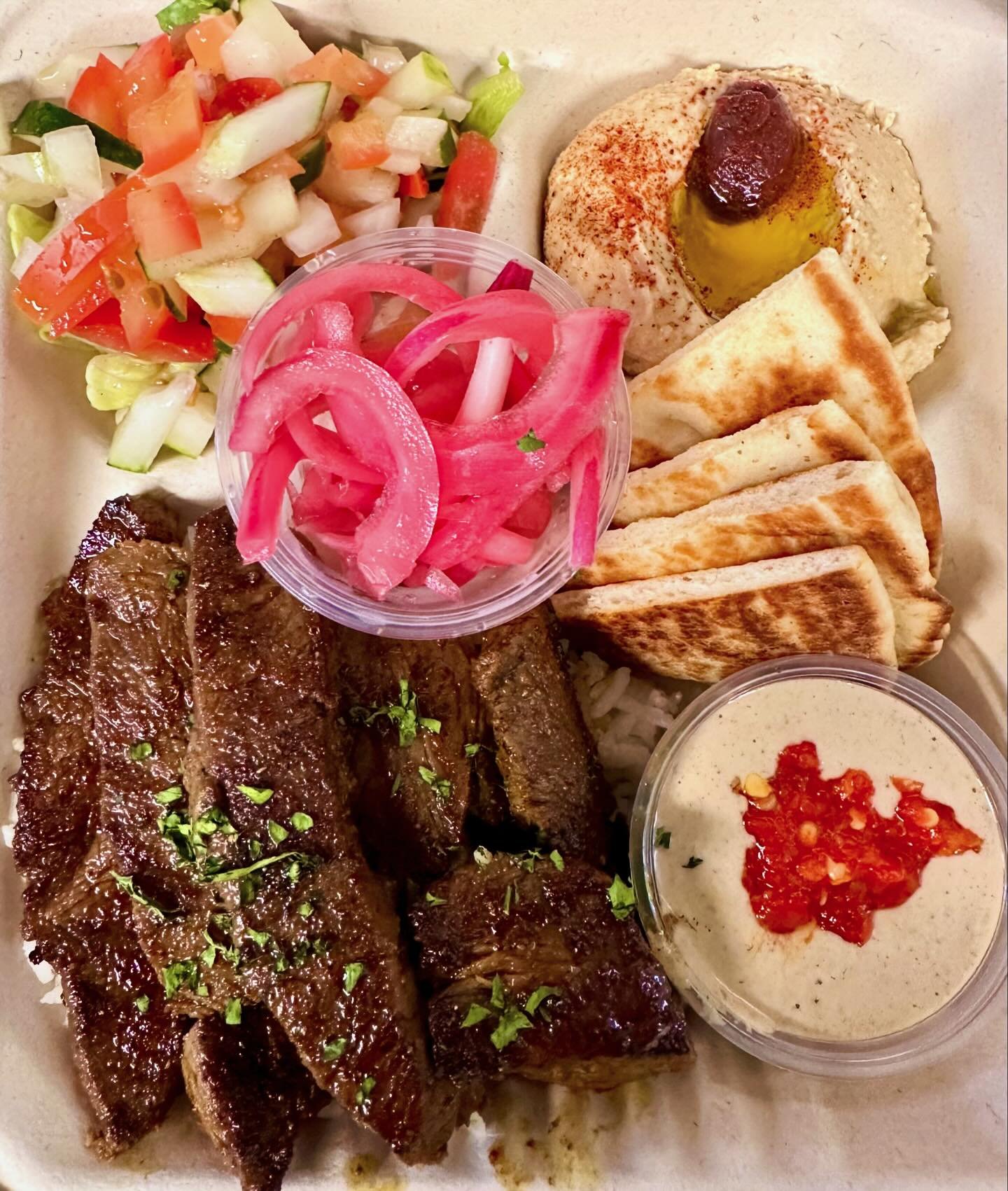 Special this week! 

Flat-iron Steak Shawarma Plate $19.95

Super tender and delicious! Steak is marinated with shawarma spices and served with rice pilaf, hummus &amp; pita, a side salad, pickled onions, and a spicy tahini sauce. Limited quantities!