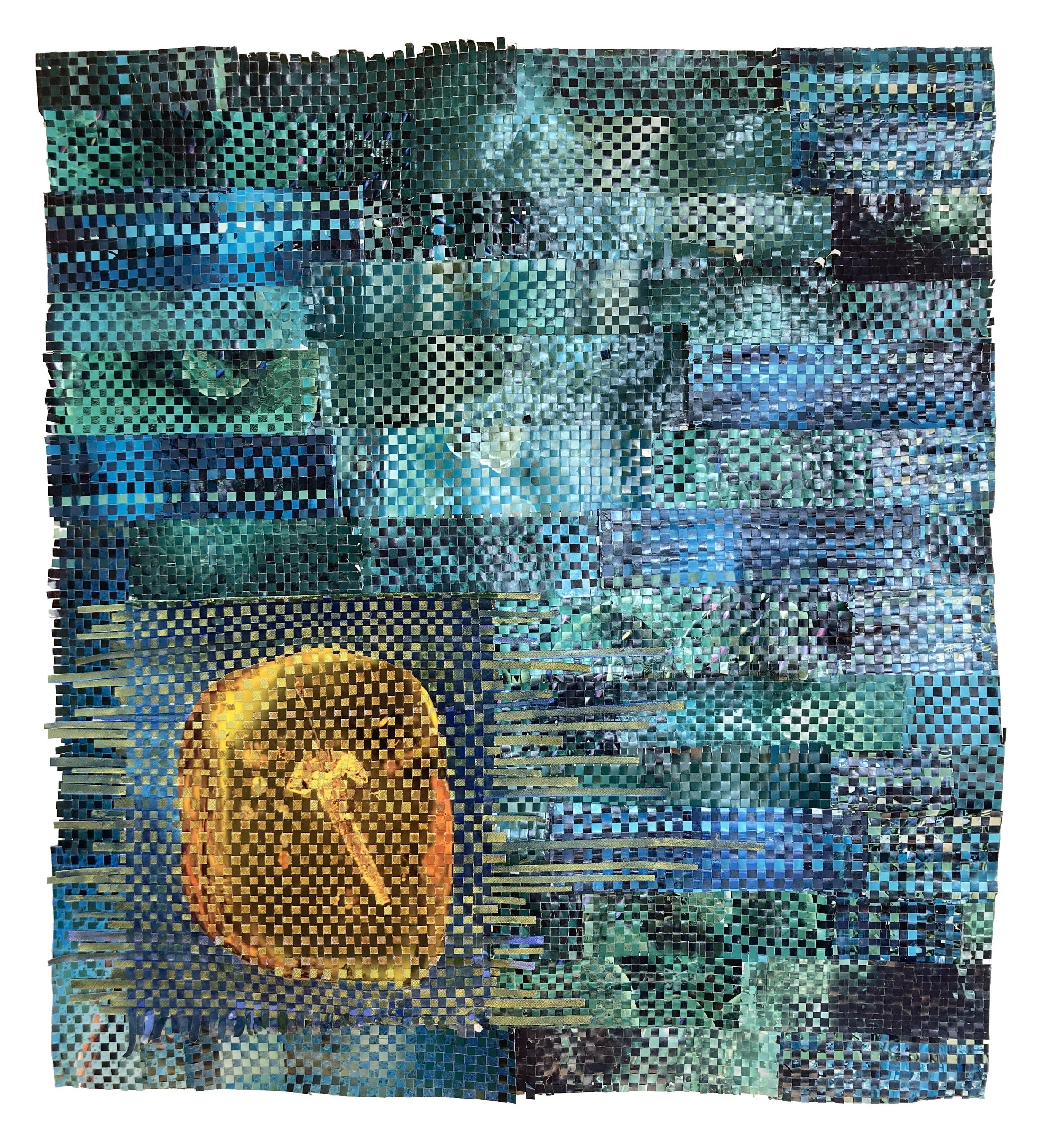 Phthaloplasty  Woven collage, silkscreen, watercolor   26" x 24"  2026