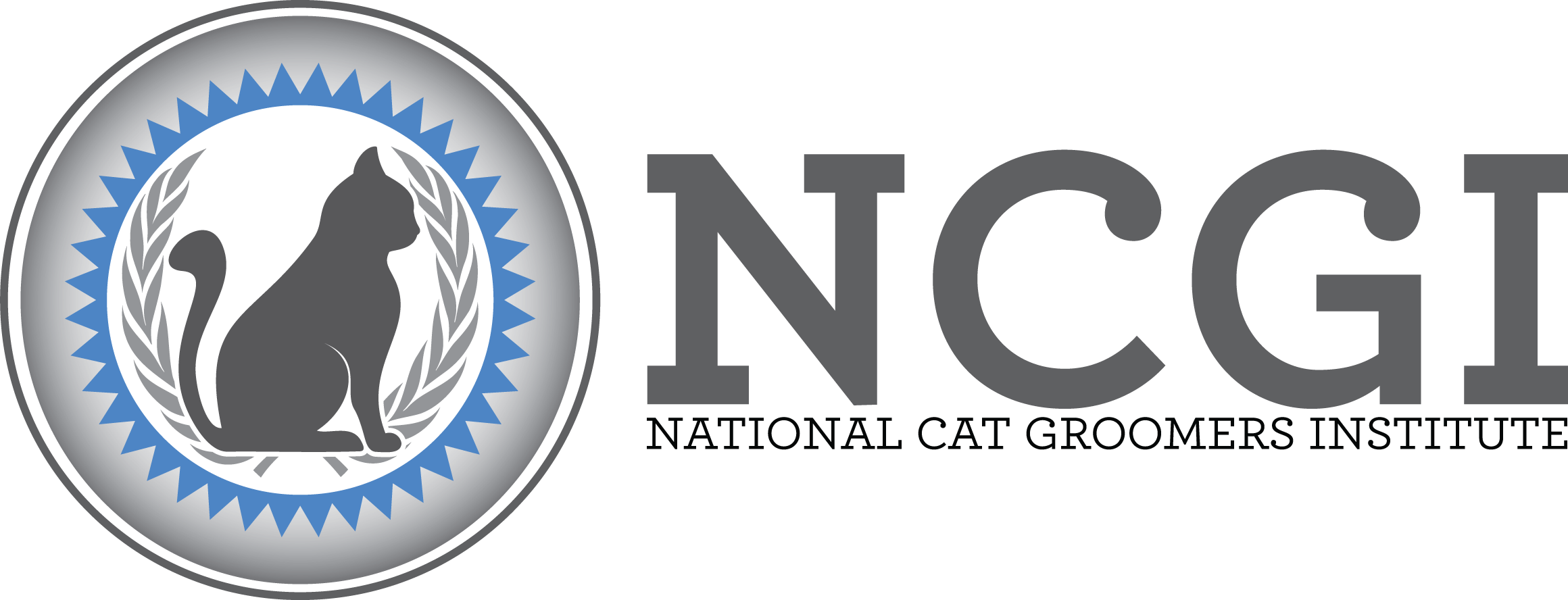 National Cat Groomers Institute (NCGI) logo with a silhouette of a cat in a circle surrounded by a laurel wreath, set against a gray background. Cat grooming near me - Whisker Perfect