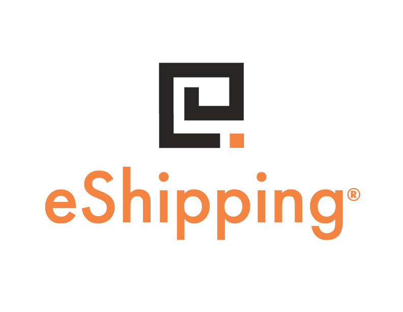 Logo for eShipping with a black spiral symbol and the word 'eShipping' in orange.