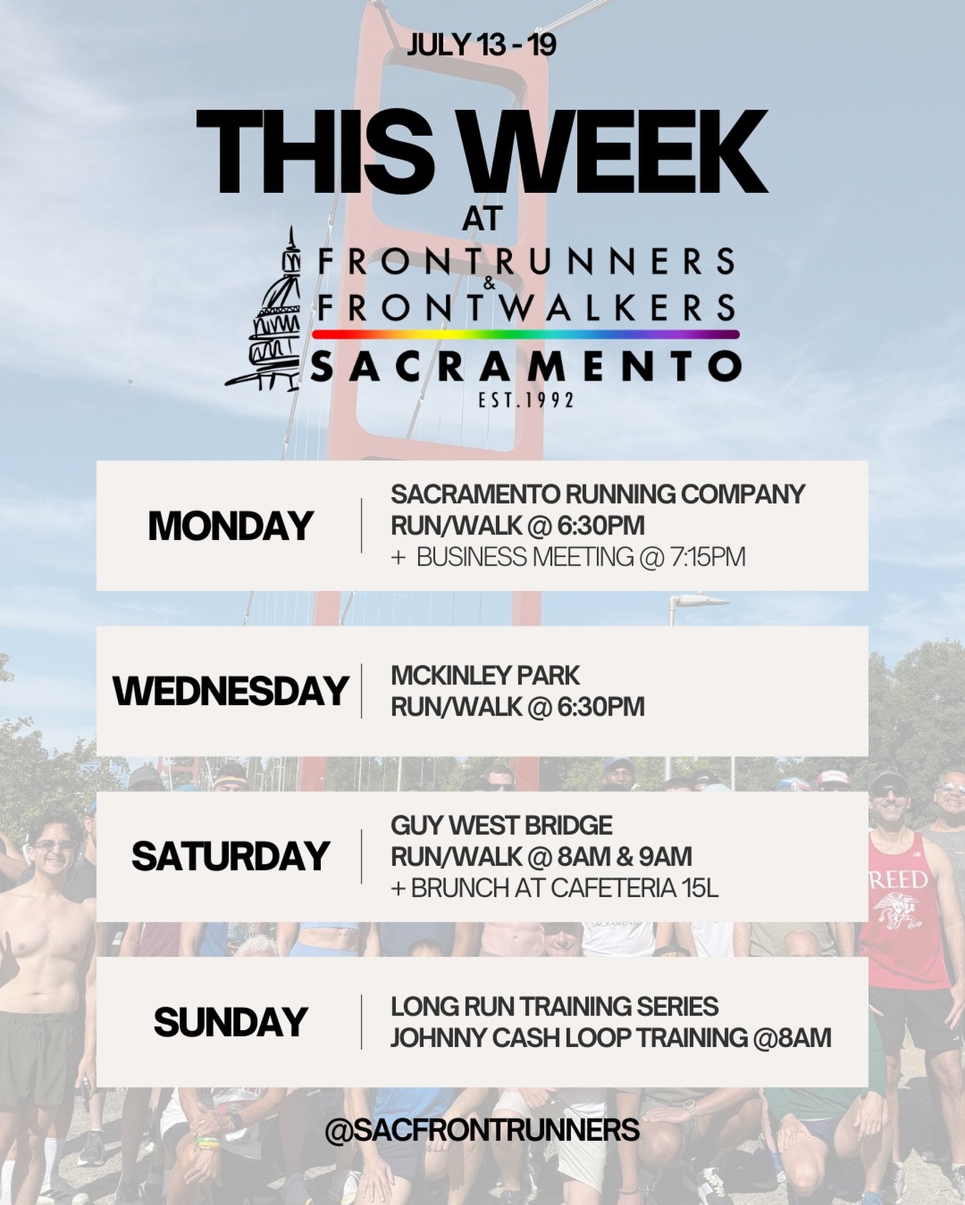 This week&rsquo;s schedule! See you soon :)
#sacramento #fitness #gay #lgbtq #sacramentofrontrunners