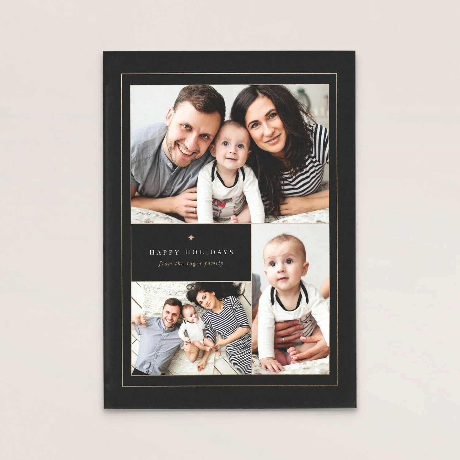 Family photo collage with three photos of a family of four, including a father, mother, and two babies, on a holiday greeting card that reads "Happy Holidays from the Roger family."