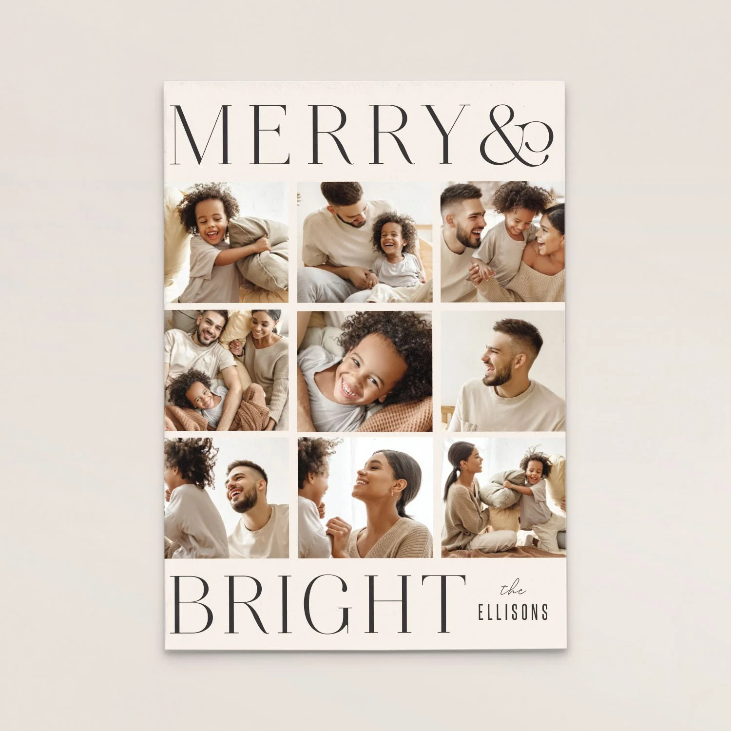 Family photo collage with smiling people, the words 'Merry & Bright', and the family surname 'Ellisons'.
