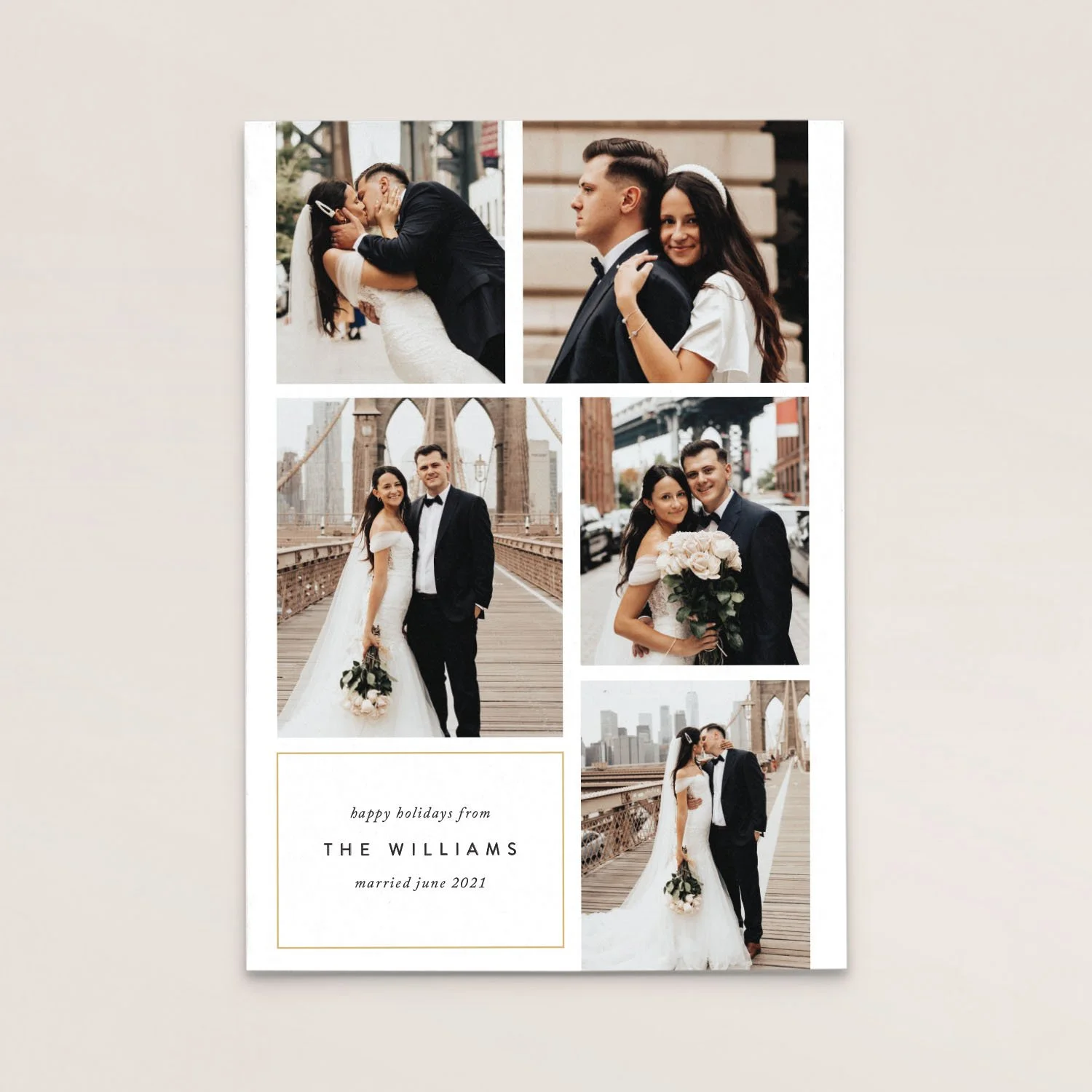 A collage of wedding photos featuring a bride and groom in various poses, including kissing, standing on a bridge, and holding a bouquet, with a cityscape in the background.