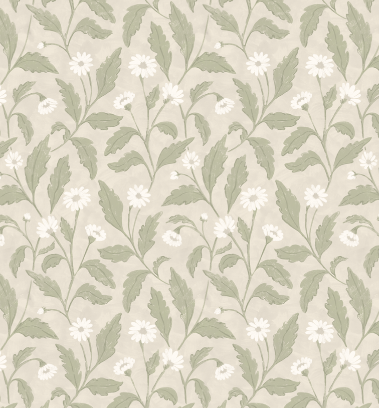 Pattern with green leaves and white flowers on a light background.