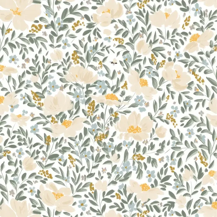 Close-up of a floral pattern with white flowers and green leaves on a light background.