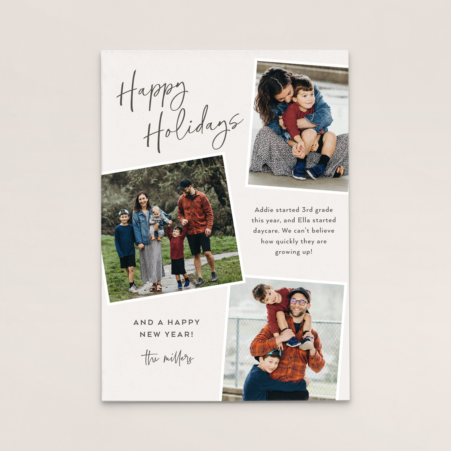 A holiday greeting card featuring family photos, with the text 'Happy Holidays' and 'And a Happy New Year! The Millers'.