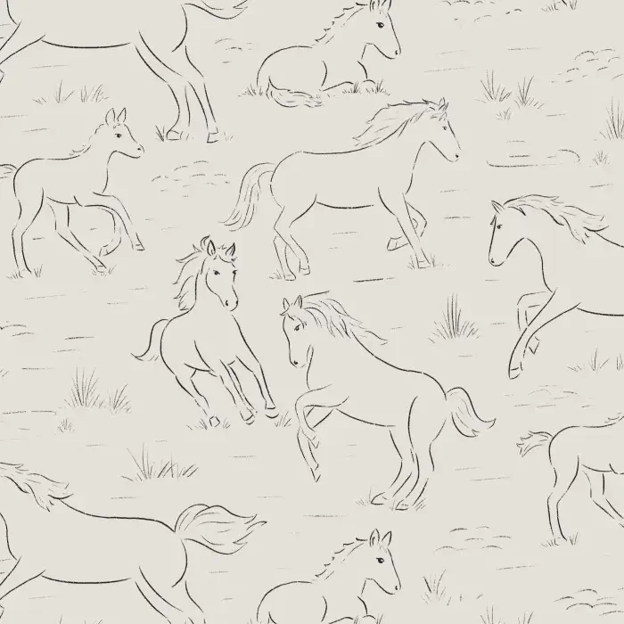 Line drawing of multiple horses running and grazing in a field with grass.