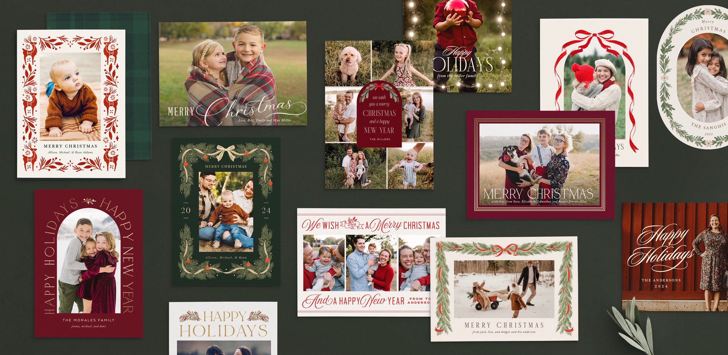 Collection of Christmas greeting cards featuring family photos, holiday messages, and festive designs. The cards display children, families, and pets in holiday settings with decorative borders and seasonal themes.
