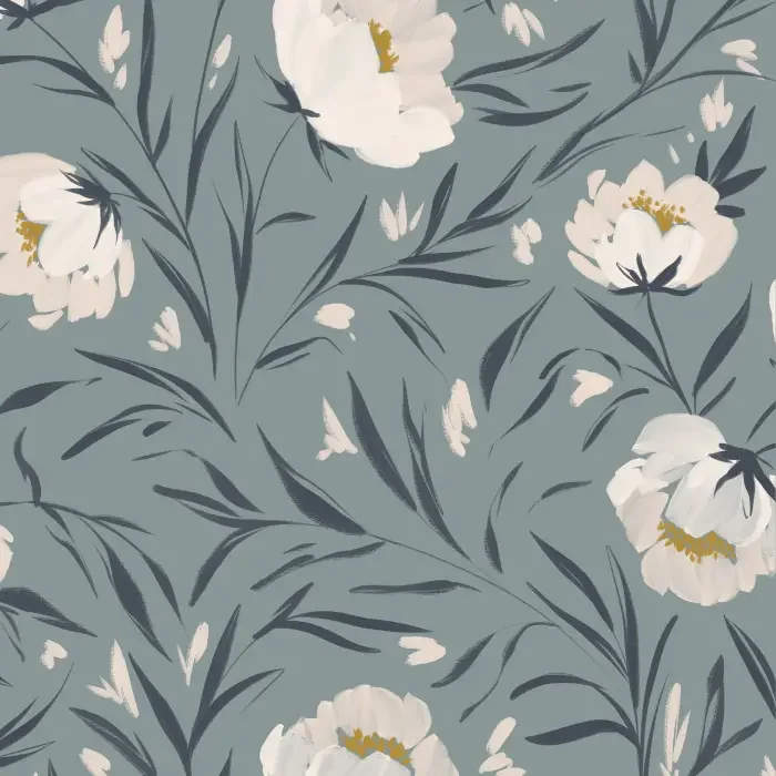 A fabric with a floral pattern featuring white flowers with yellow centers and dark green leaves on a muted grayish-blue background.