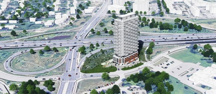  Isometric view facing northwest of the proposed tower and surrounding area, image from submission to City of Mississauga 