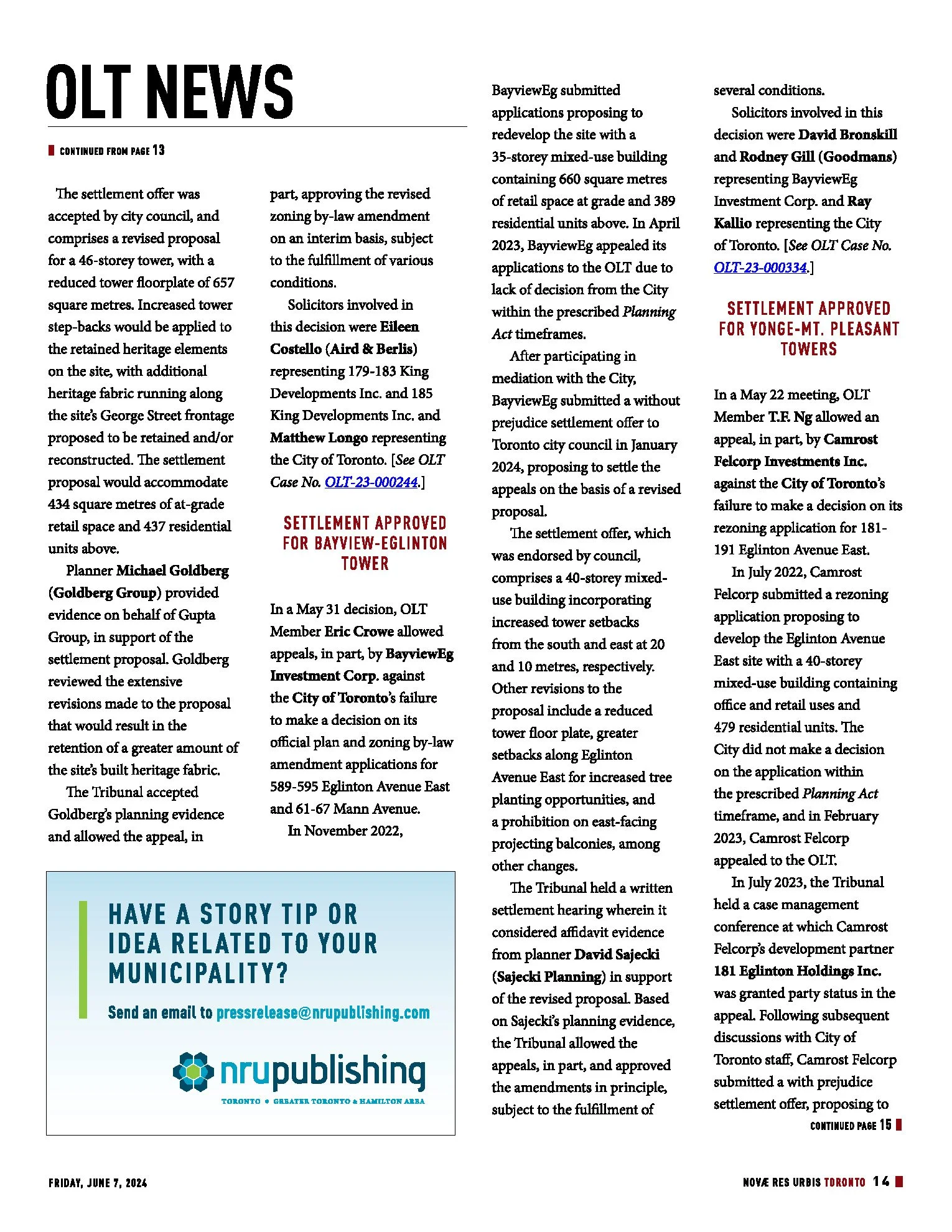 NRU Publishing Inc. highlights Sajecki Planning Inc.’s successful OLT applications at Bayview &amp; Eglinton, 191 Eglinton