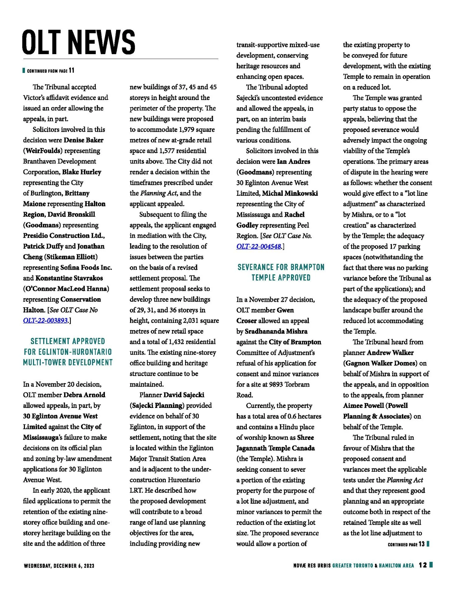 NRU Publishing spotlights Sajecki Planning Inc.'s successful OLT settlement at 30 Eglinton Ave West.