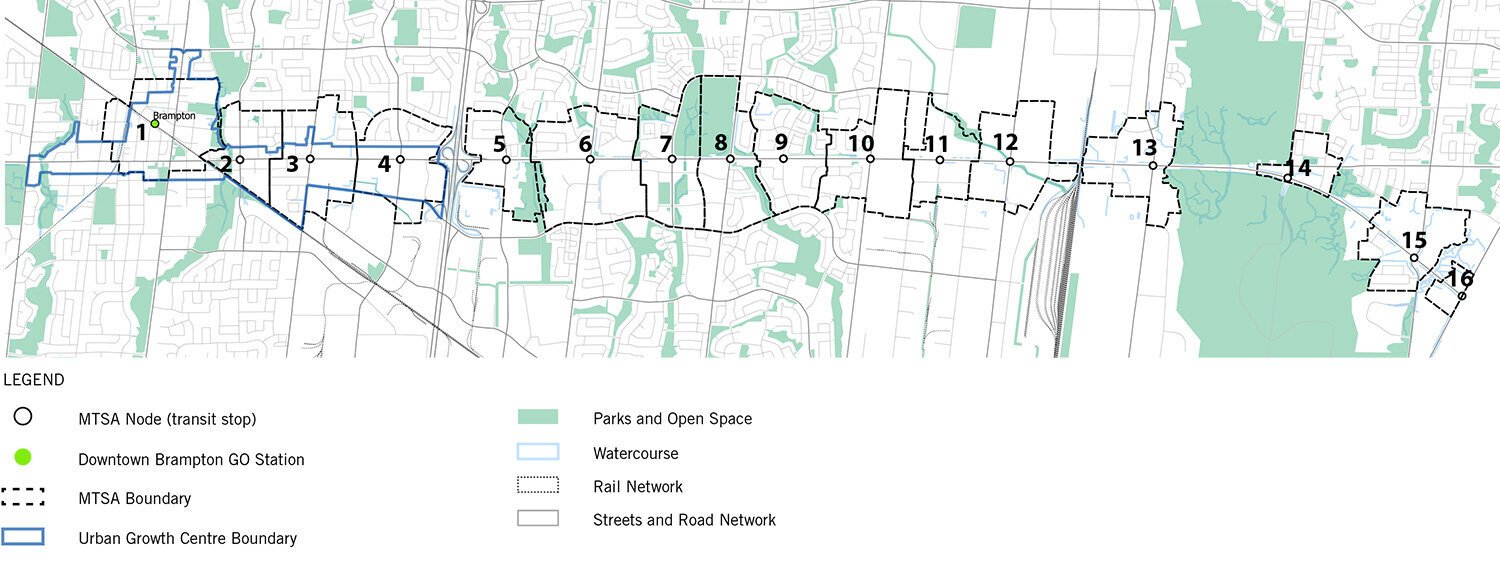  Delineation of Downtown Brampton Mobility Hub and Major Transit Station Areas 1 through 16. Image Courtesy of R. E. Millward + Associate 