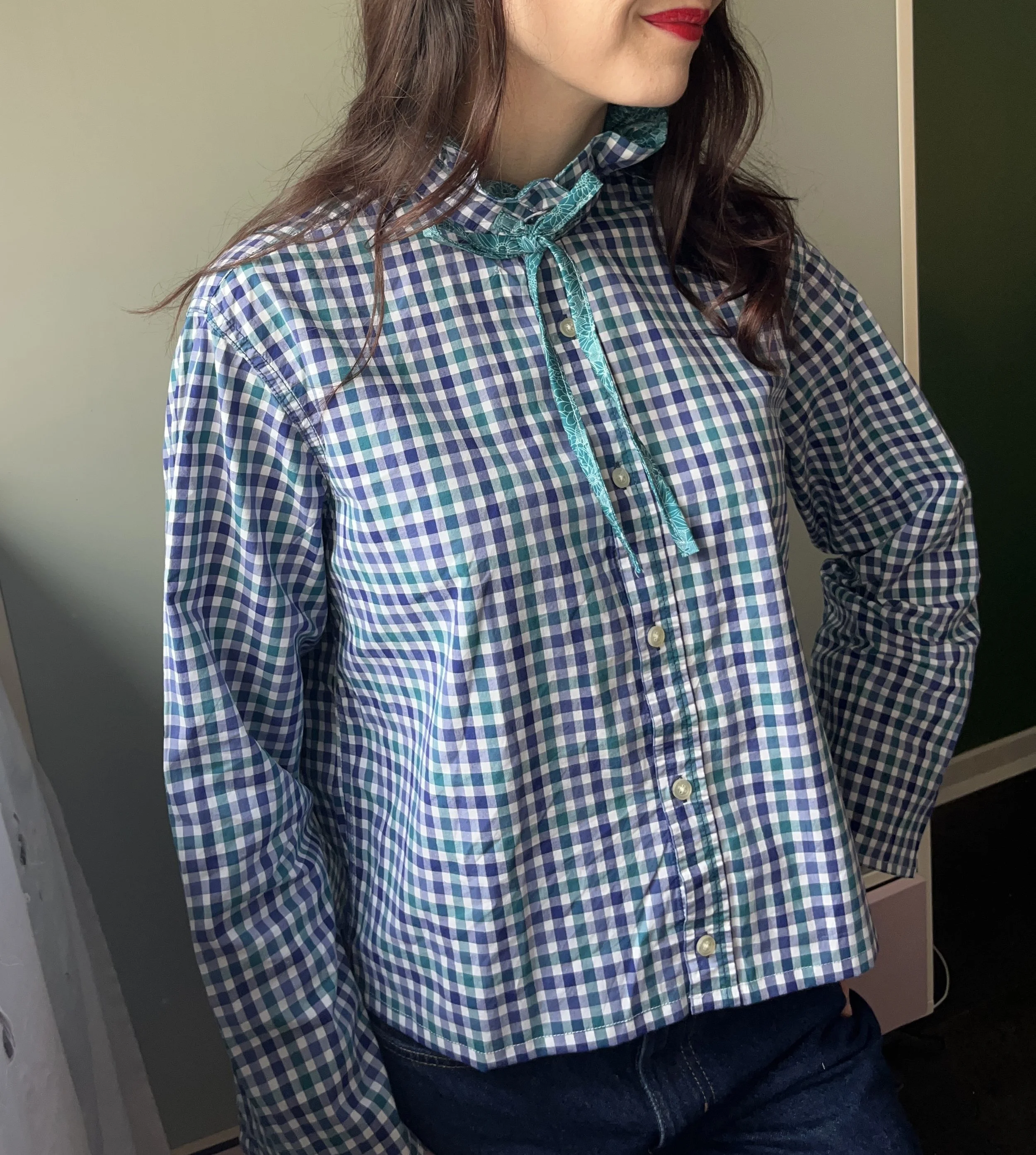 Blouse col froncé vichy bleu et vert Taille M-L