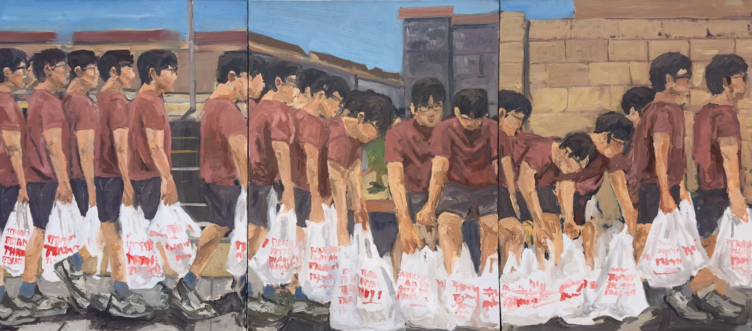 Thank you, Thank you, Thank you. Oil on Canvas, 40 by 90 inches. 