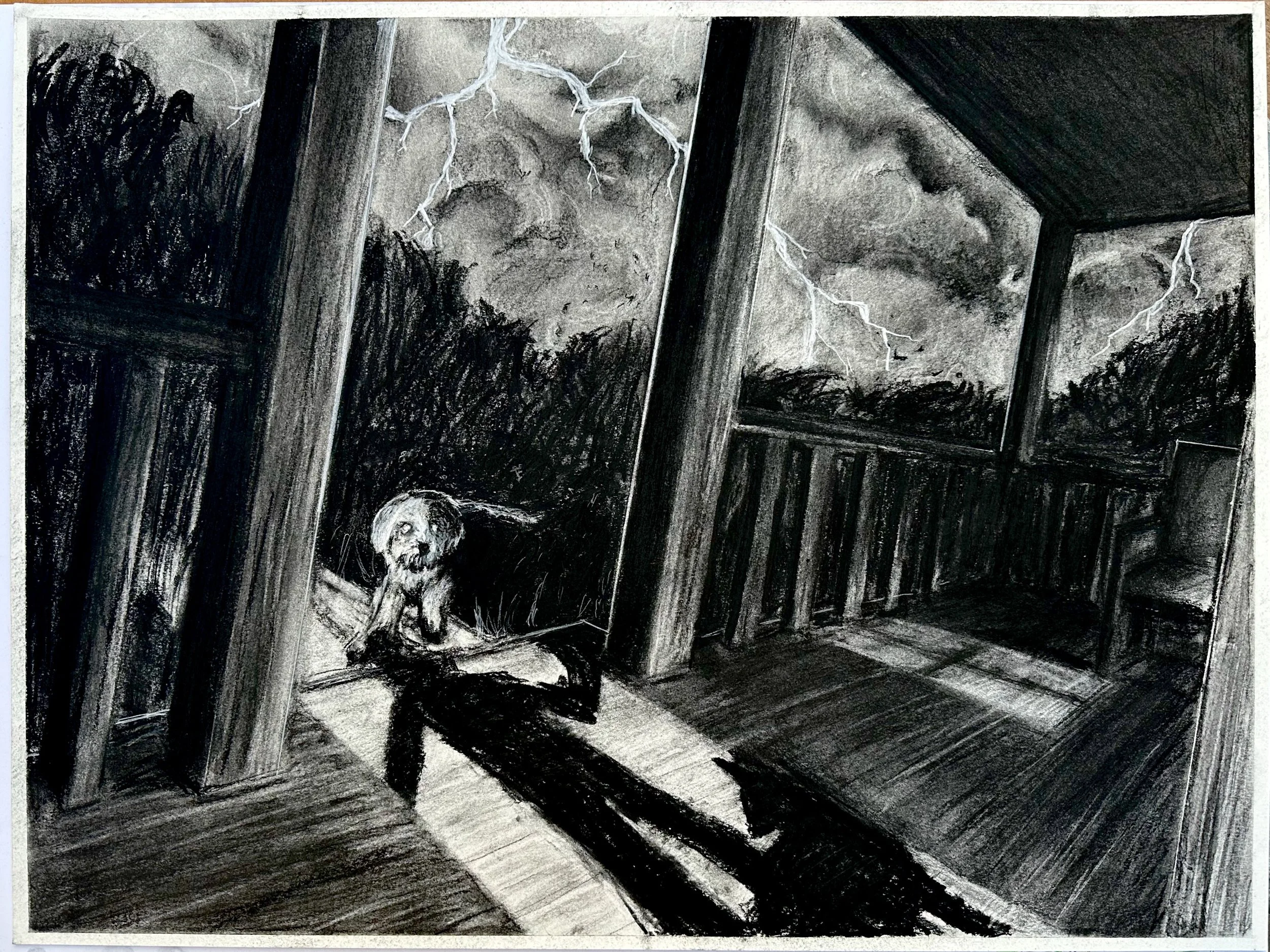 Whose dog is this? 2023, Charcoal on Paper, 18 by 24 inches.