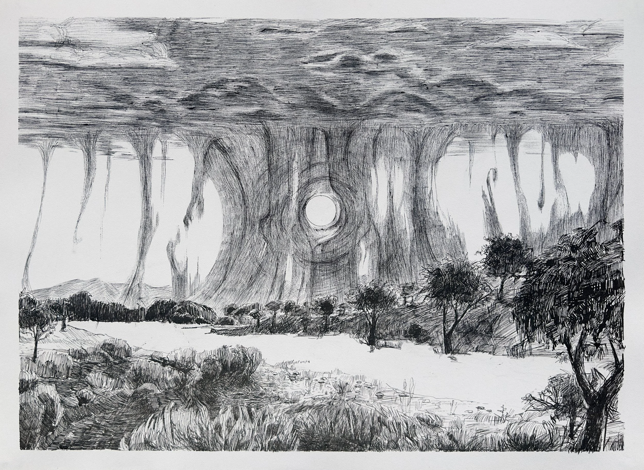 Skyfall, Ballpoint and Dip Pen on Paper, 22 by 30 inches.