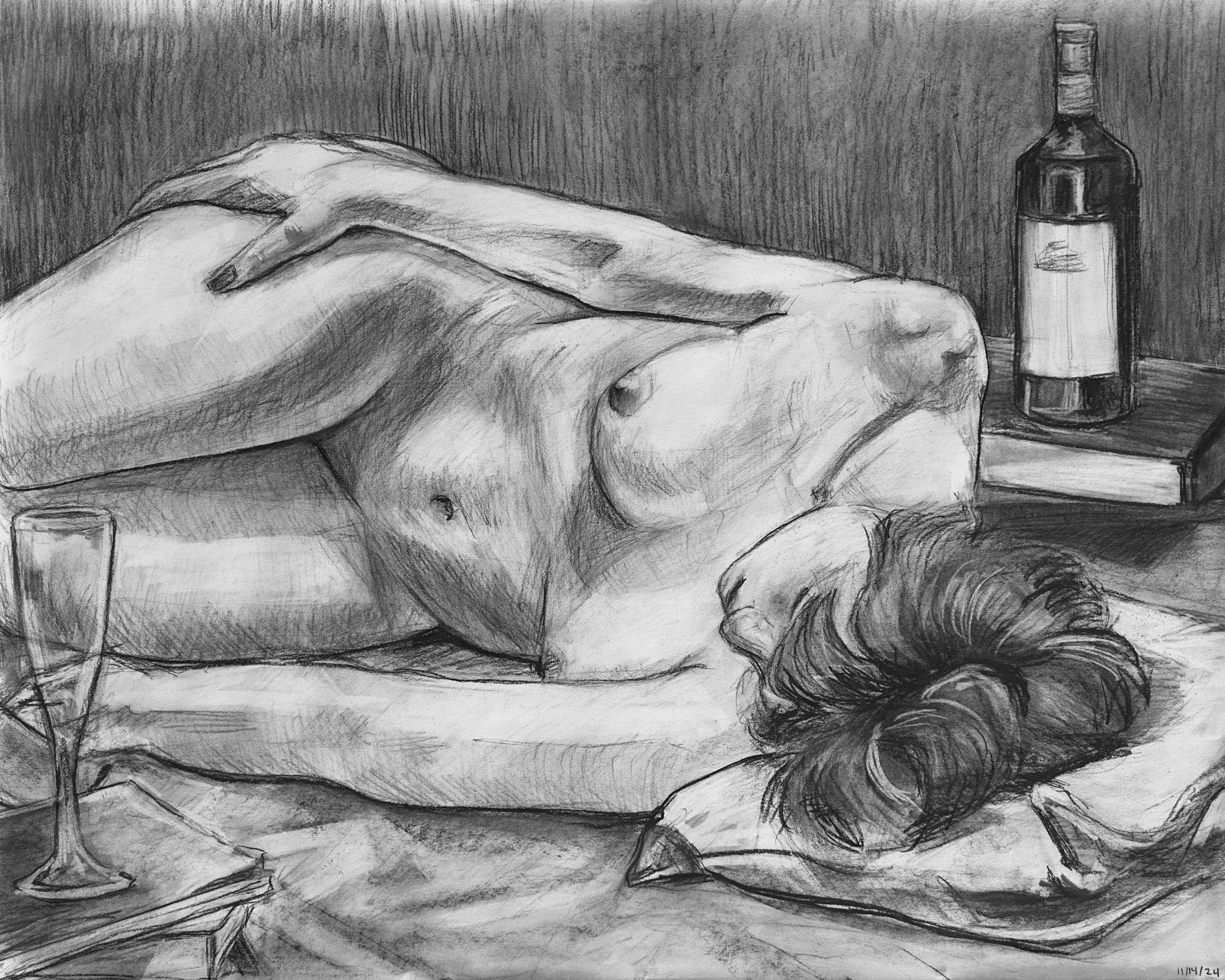 Study Drunken, Charcoal on Paper, 22 by 30 inches.