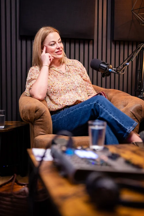 Dr Emma Offord in the podcast studio