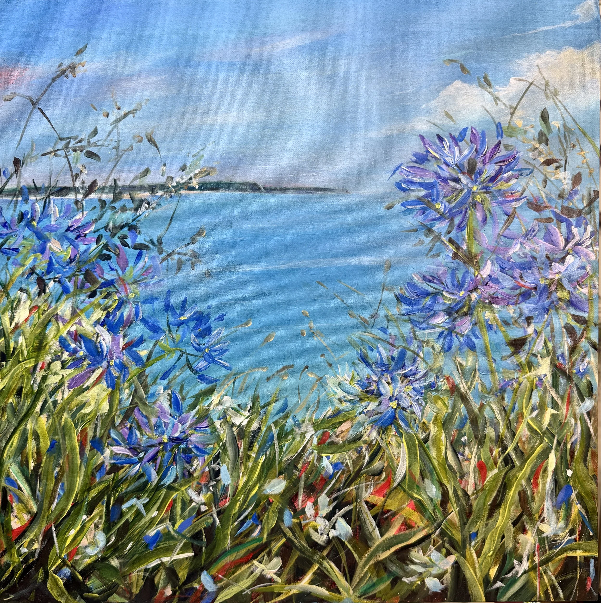 Agapanthas Coastal View 2 Acrylic 54 x 54cm Framed £425