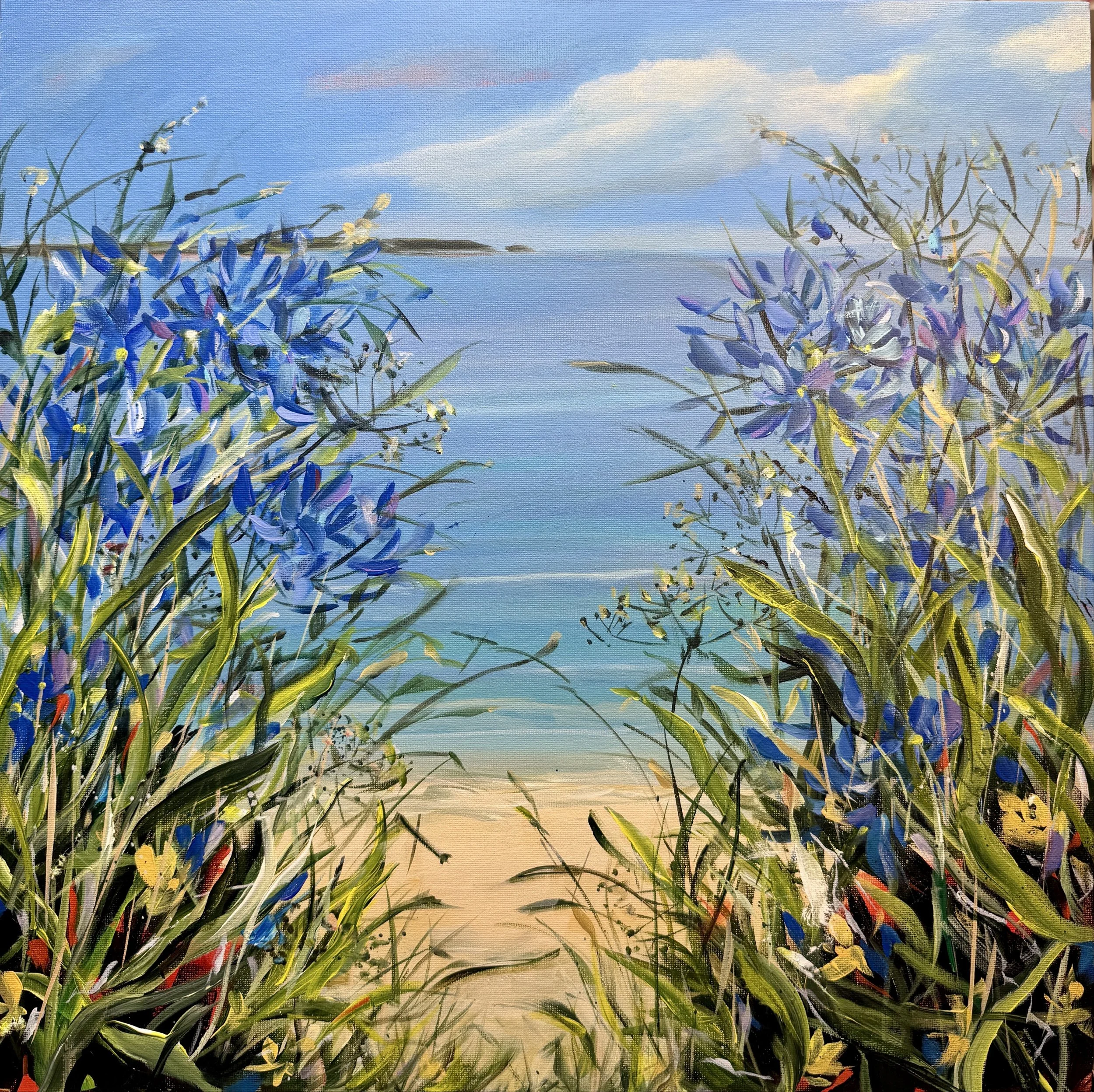 Agapanthas Coastal View 2 Acrylic 54 x 54cm Framed £425