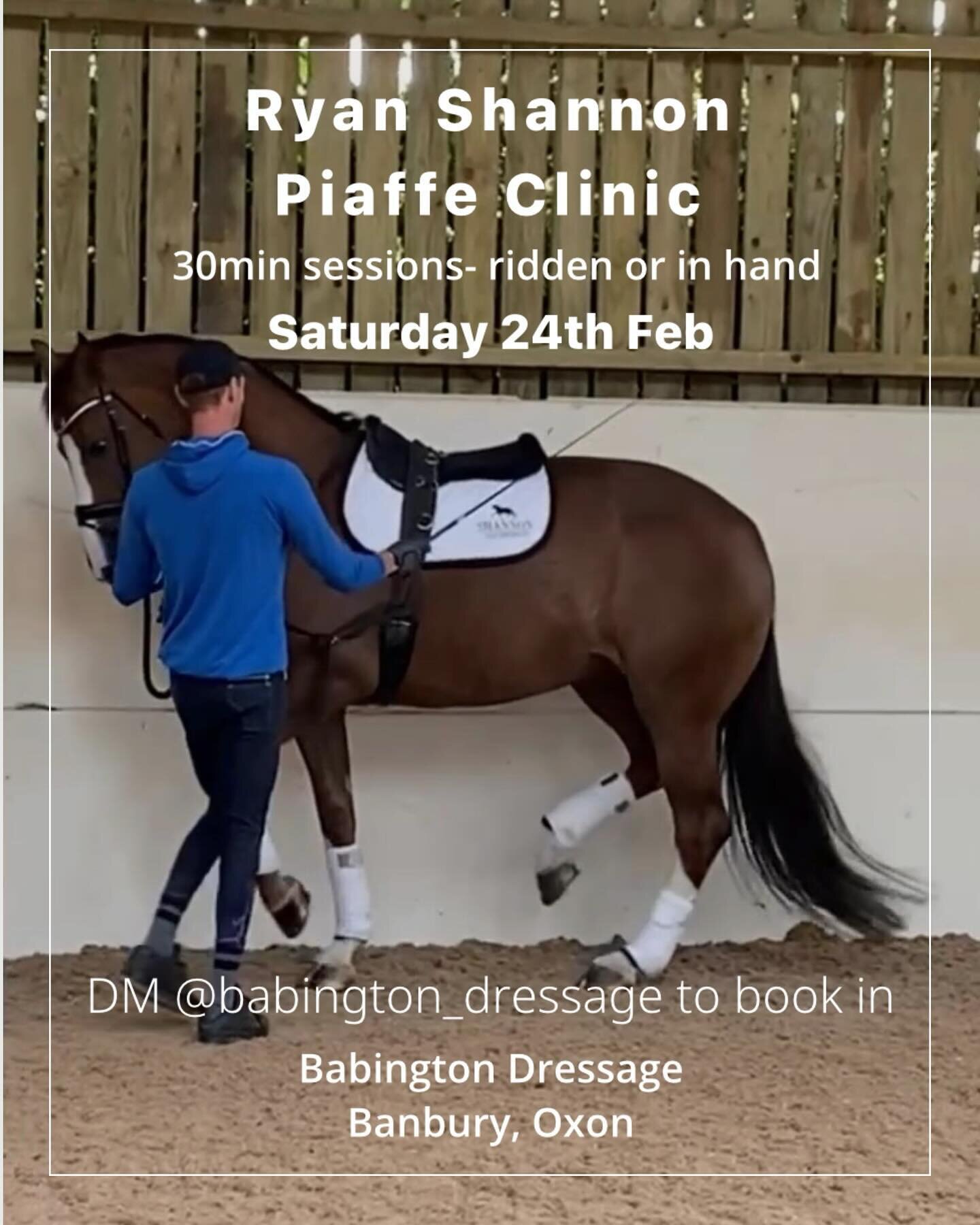 📣FULLY BOOKED 📣

Ryan Shannon Piaffe Clinic - Saturday 24th February 2024

30min sessions, these can be done in-hand or ridden.

Location: Babington Dressage, Williamscot, Oxfordshire 

Please DM @babington_dressage for more information or to book 