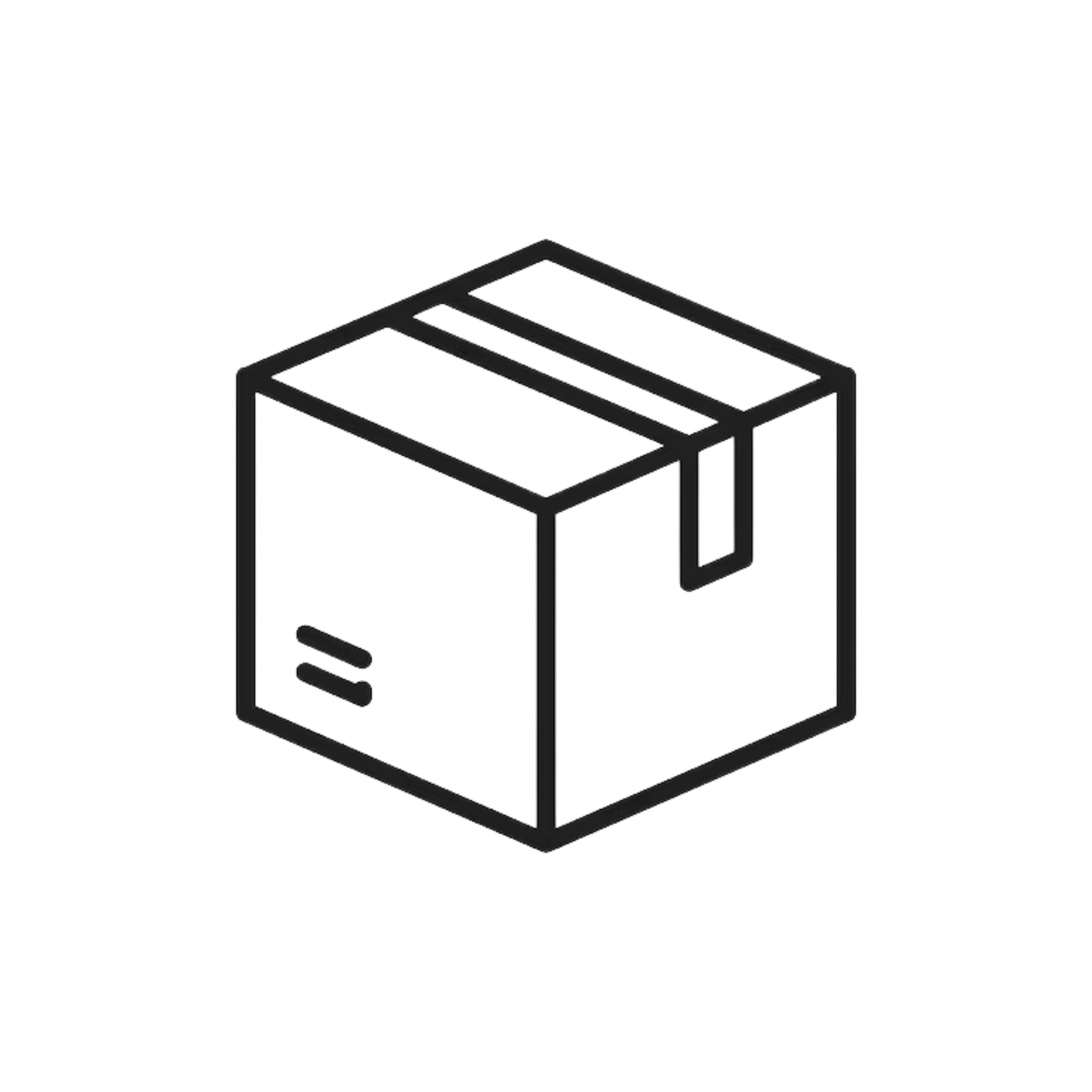 Isometric line drawing of a transparent glass container with a sliding lid.