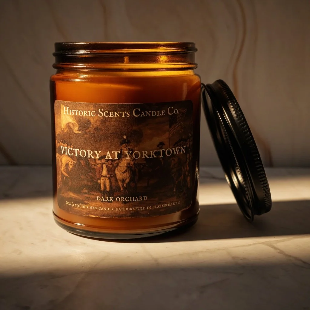 An amber glass candle jar with a black lid leaning against it, labeled 'Historic Scents Candle Co., Victory at Yorktown, Dark Orchard,' on a marble surface with a plain background.