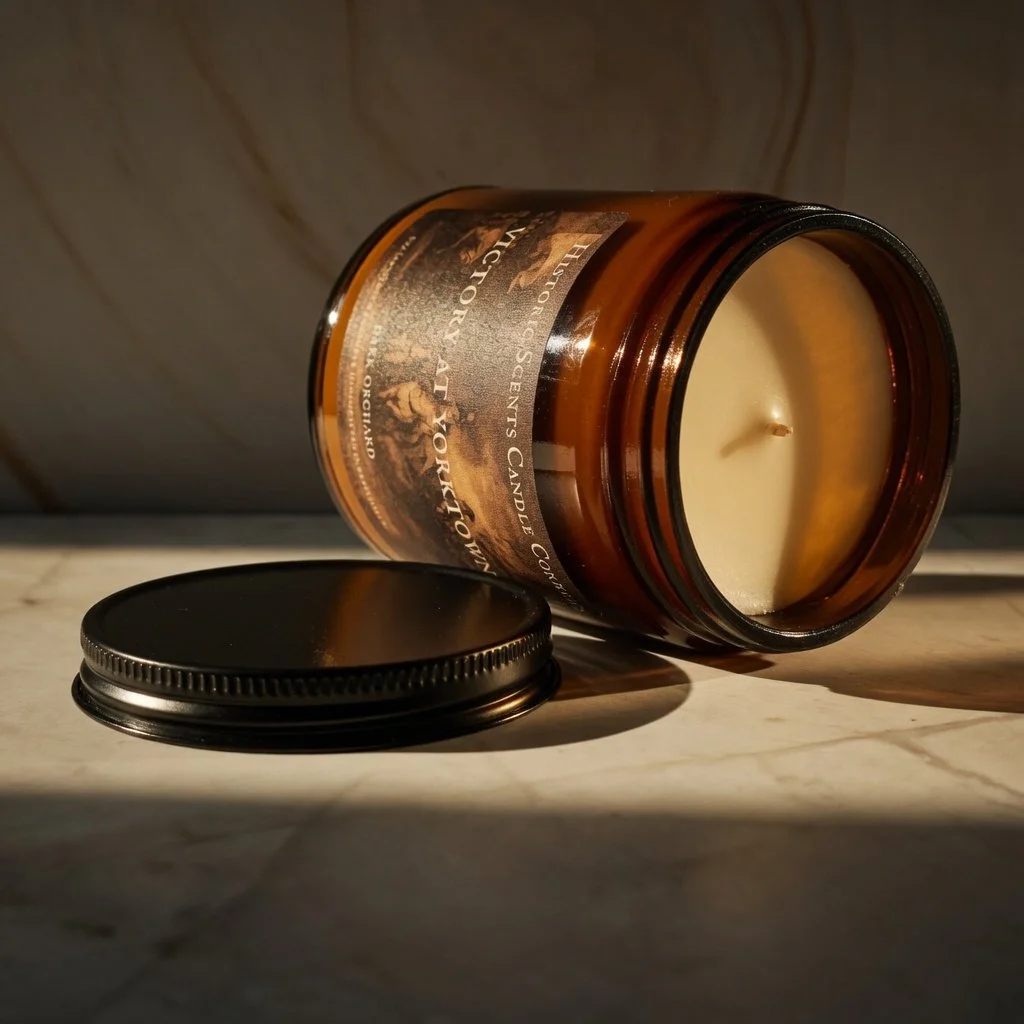 An amber glass jar candle with the lid off, lying on a marble surface, showing the unburned white wax inside, with a black lid beside it.