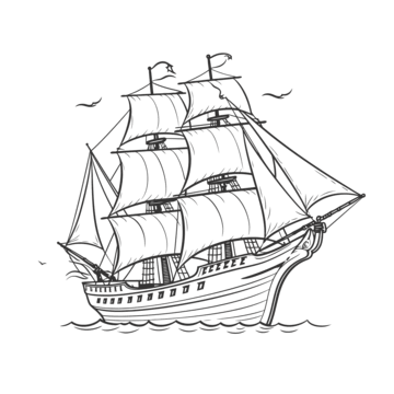Line drawing of a sailing ship with multiple masts and sails on water.