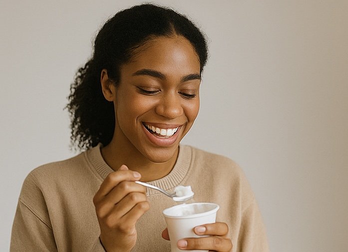 A smiling woman holding a cup of yogurt and a spoon.