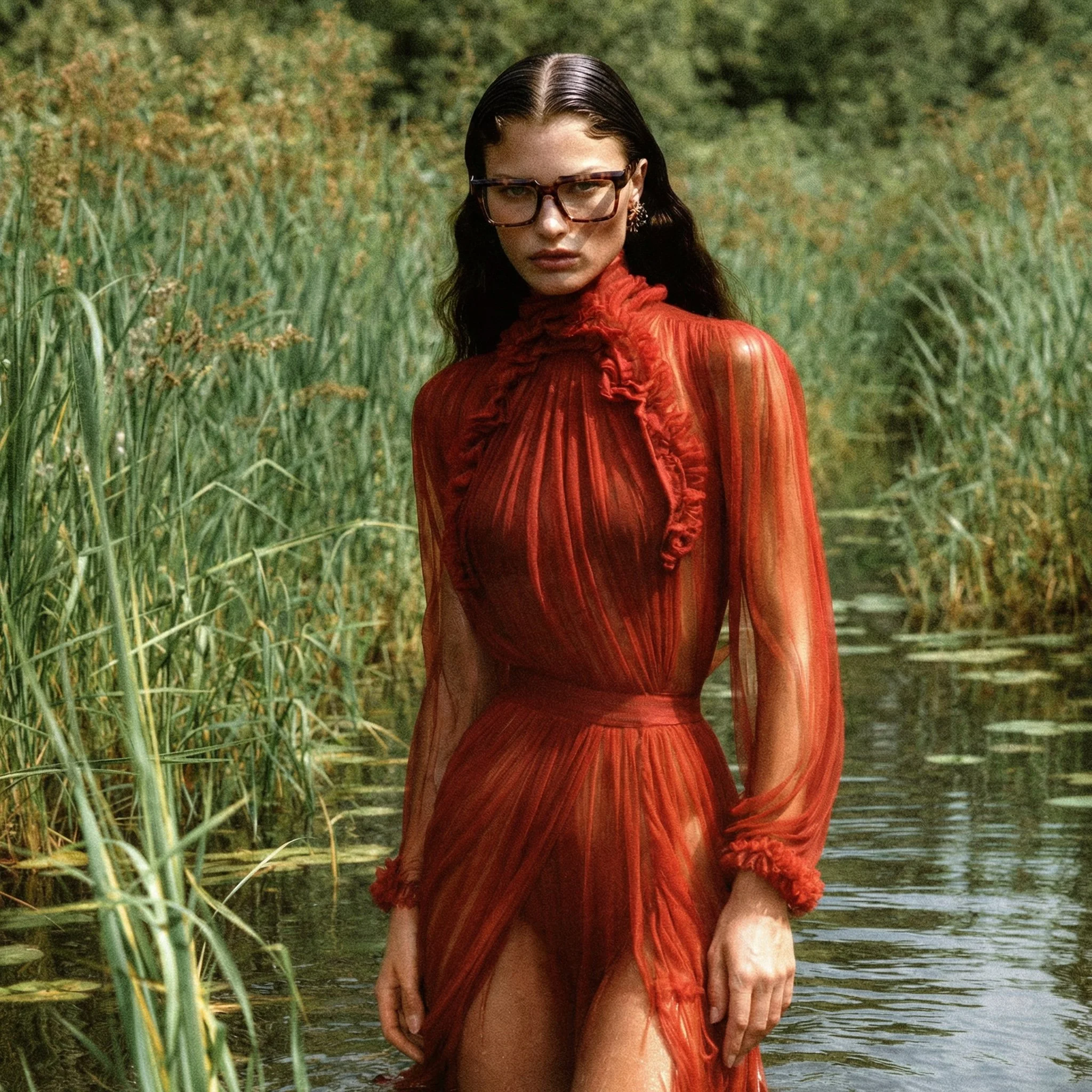A woman standing in water, wearing a red dress and large glasses, with a background of tall green reeds.