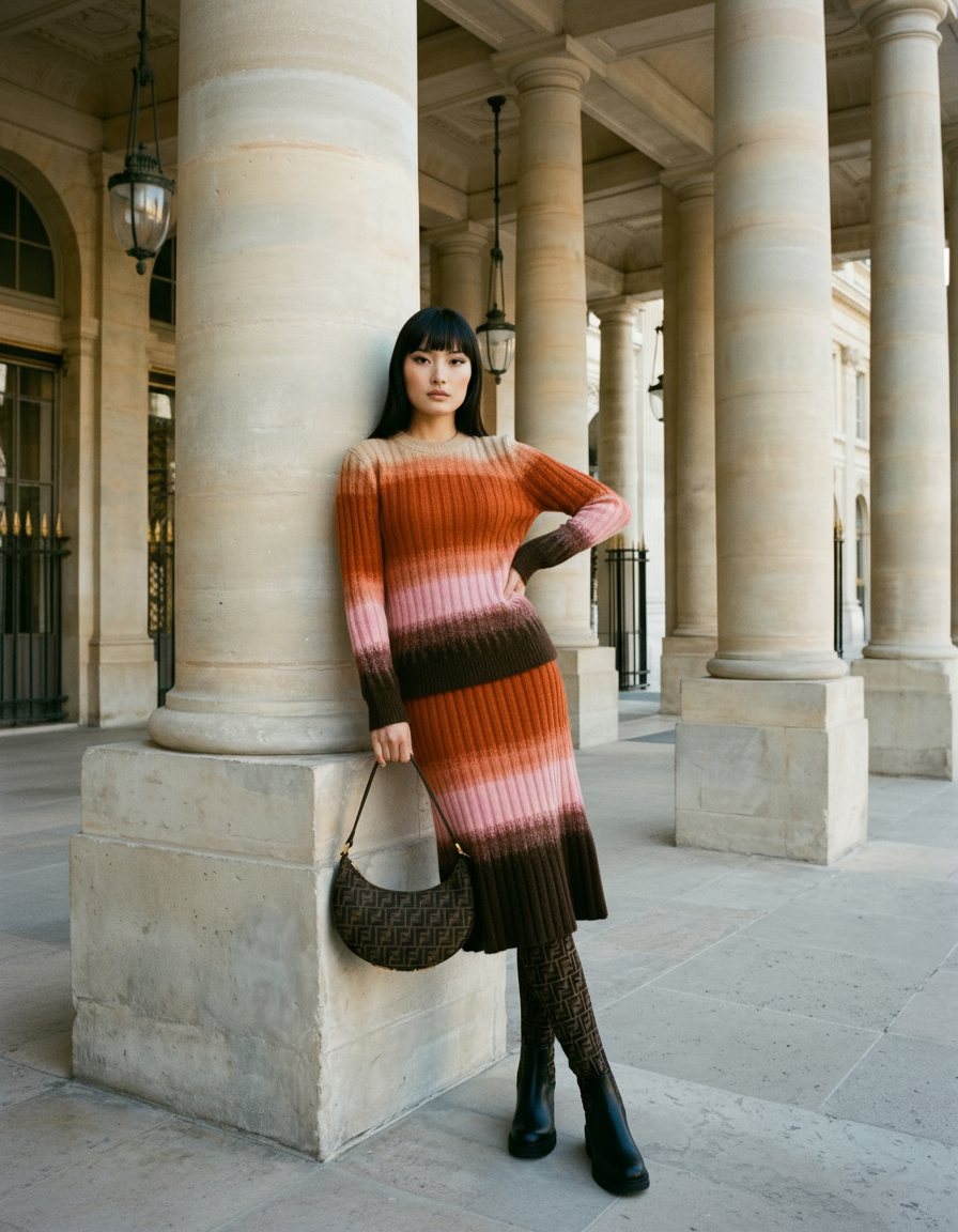 A woman with long black hair wearing a gradient knit dress in shades of brown, pink, and red, and patterned tights, stands against a large stone column in a historic building with classical architecture.