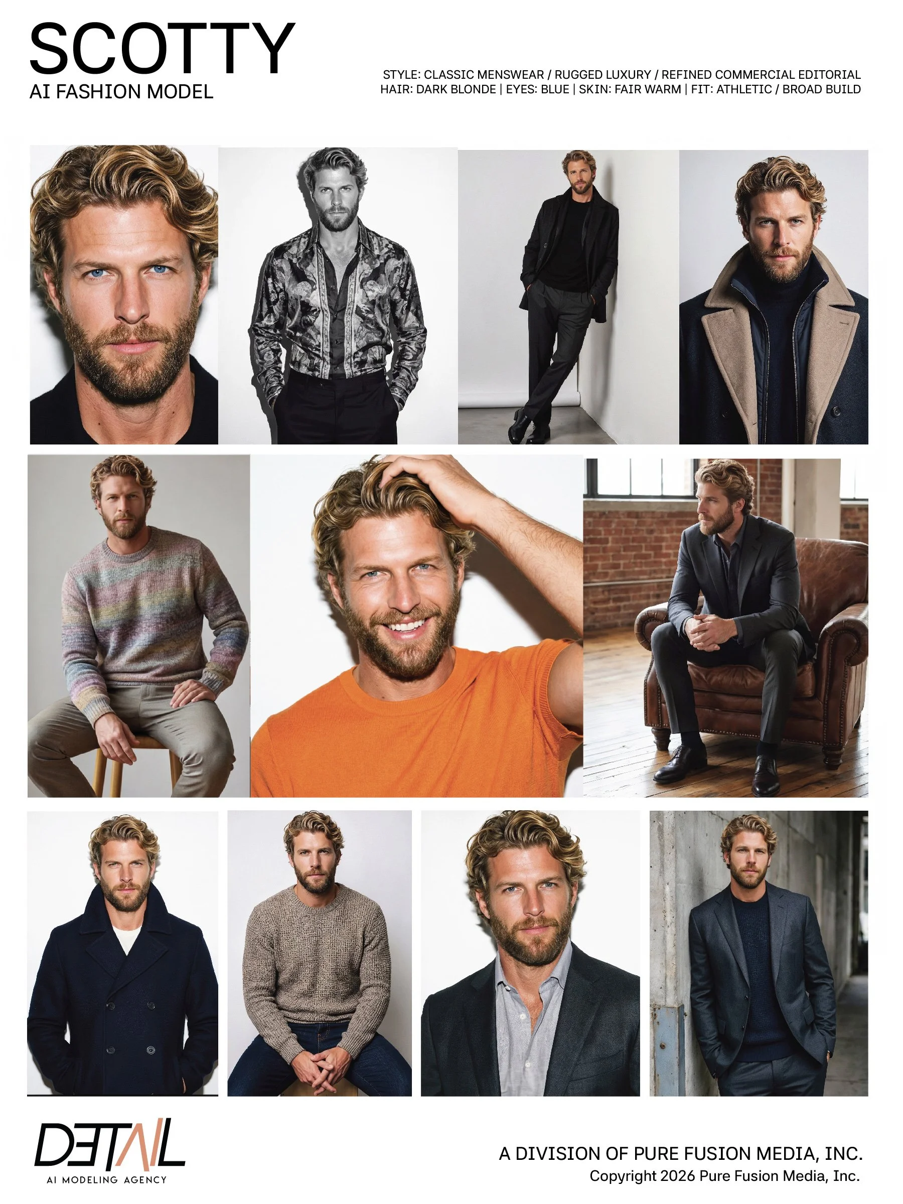 Collage of male fashion models with various hairstyles, clothing styles, and backgrounds, presented in advertisement layout for AI fashion model agency.