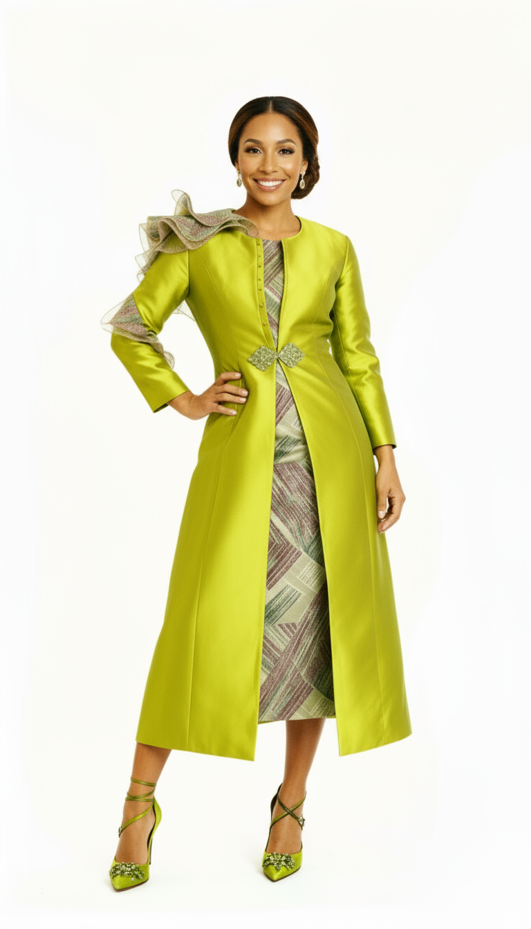 A woman smiling in a vibrant lime green long coat with ruffle detailing on one shoulder, matching green heels, and elegant earrings.