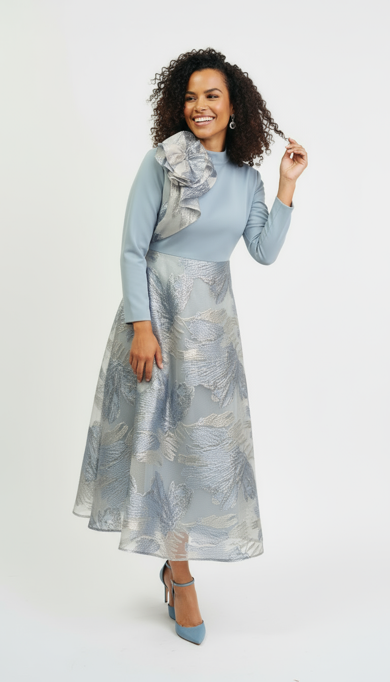 Woman with curly hair wearing a light blue and silver floral dress with matching heels, smiling and posing against a plain white background.