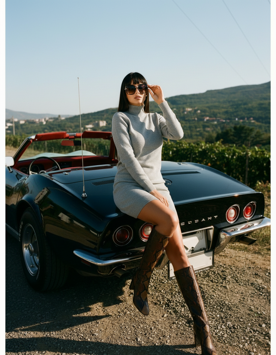 A woman in a gray sweater dress and tall snake print boots sitting on the back of a black classic Ford Thunderbird convertible with a red interior, with mountains and clear sky in the background.