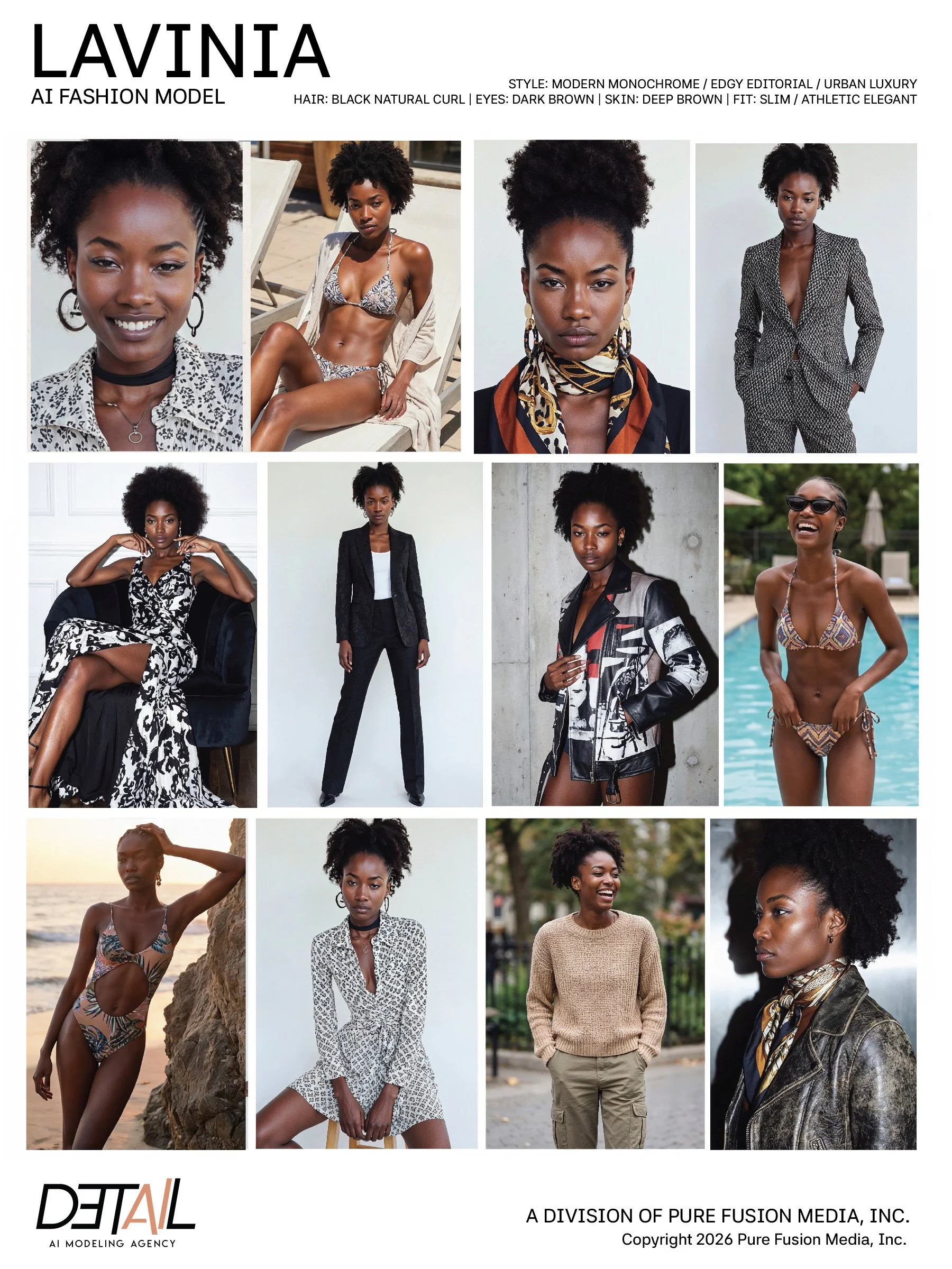 Collection of photographs showcasing a Black female fashion model with natural curly hair, dark brown eyes, deep brown skin, dressed in various stylish outfits including swimwear, jeans, blazers, and dresses in outdoor and studio settings.